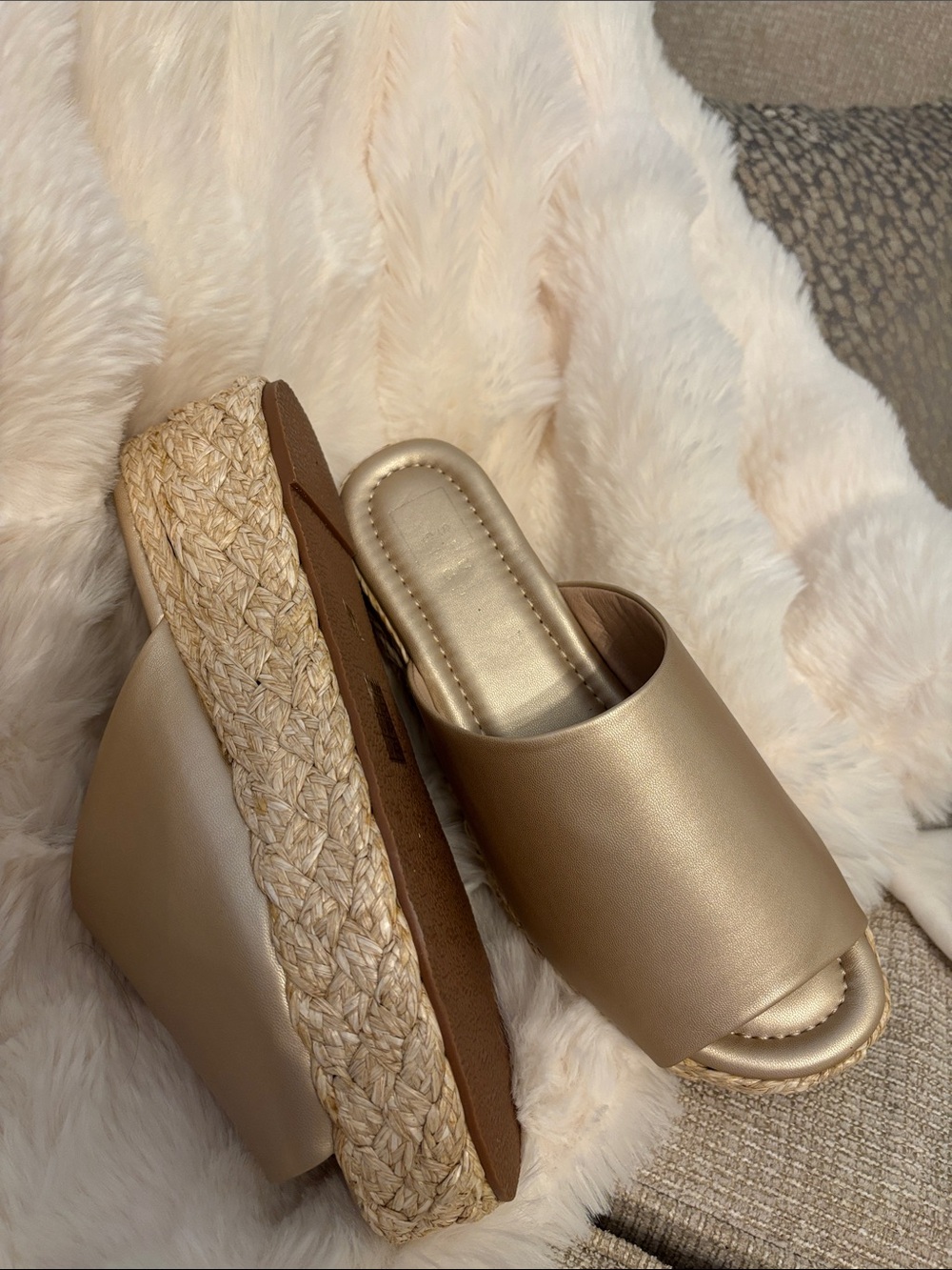 ShuShop Metallic Gold Wedge Slide Sandals